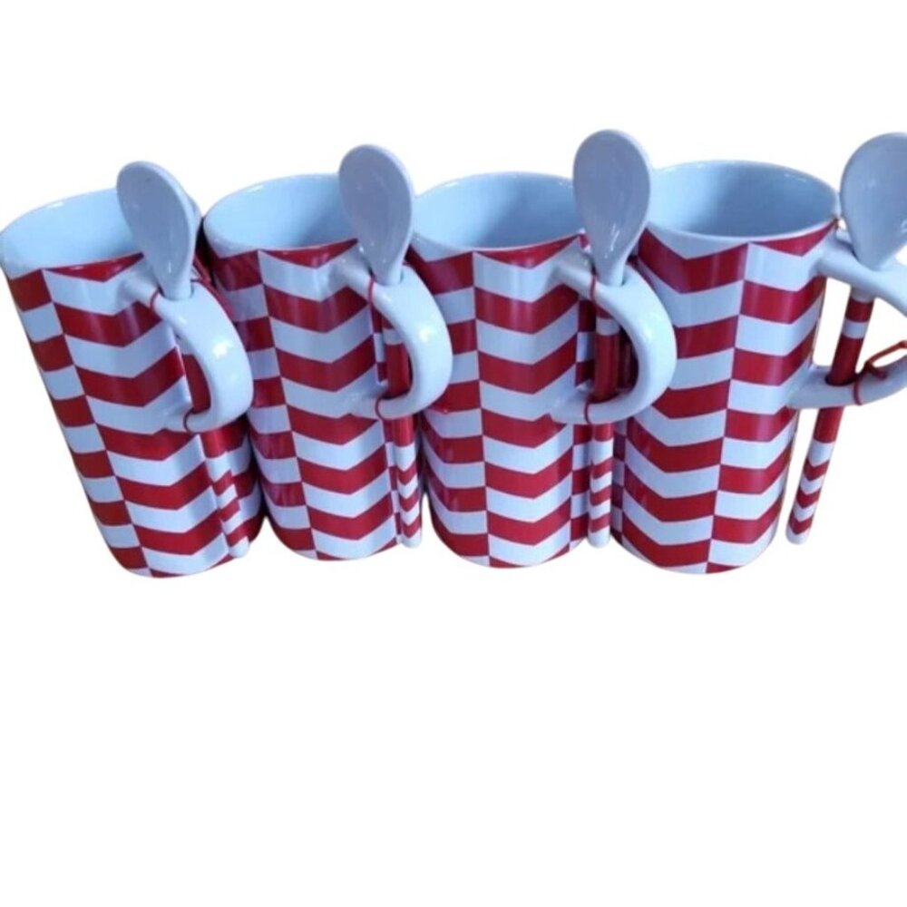 Starbucks Red & White Chevron Mug With Spoon 8 Fl Oz Ceramic Coffee Cup Set of 4